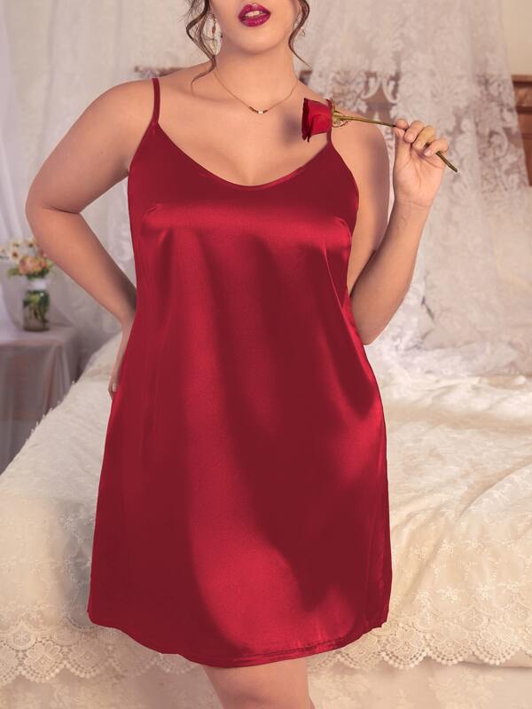 Plus Solid Satin Cami Pajama Nightdress, Vacation