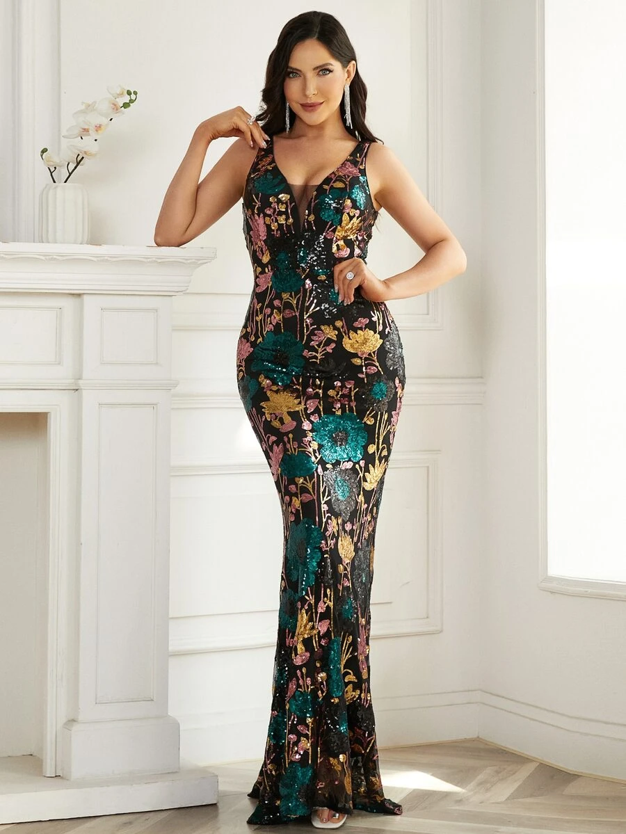 Missord Floral Sequins Contrast Mesh Prom Dress - Multicolor - View 1