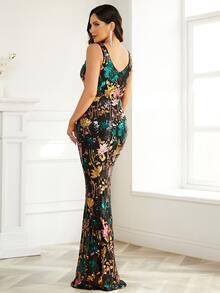 Missord Floral Sequins Contrast Mesh Prom Dress - Multicolor - View 2