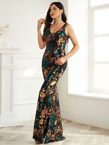 Missord Floral Sequins Contrast Mesh Prom Dress - Multicolor - View 4