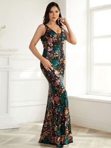 Missord Floral Sequins Contrast Mesh Prom Dress - Multicolor - View 6