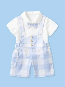 男嬰夏季衣服套裝，2入組韓式背心上衣 和 吊帶短褲，適合時尚幼兒紳士 - 藍白色 - 查看 1