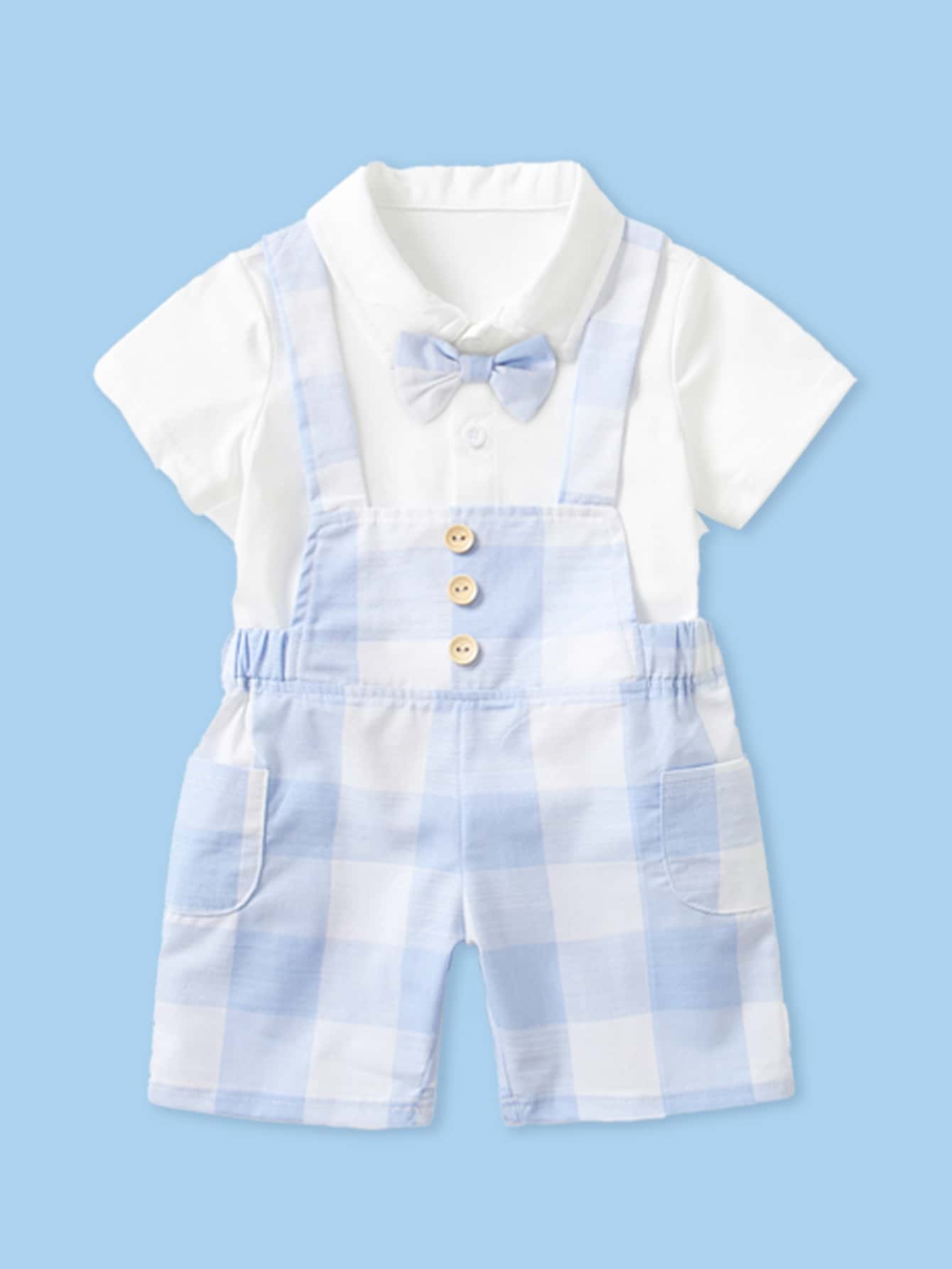 男嬰夏季衣服套裝，2入組韓式背心上衣 和 吊帶短褲，適合時尚幼兒紳士 - 藍白色 - 查看 1