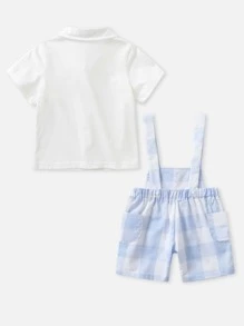 男嬰夏季衣服套裝，2入組韓式背心上衣 和 吊帶短褲，適合時尚幼兒紳士 - 藍白色 - 查看 2