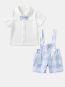 男嬰夏季衣服套裝，2入組韓式背心上衣 和 吊帶短褲，適合時尚幼兒紳士 - 藍白色 - 查看 3