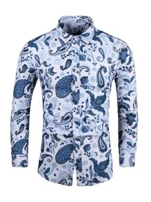 Men Paisley Print Button Up Shirt - Blue and White - View 3