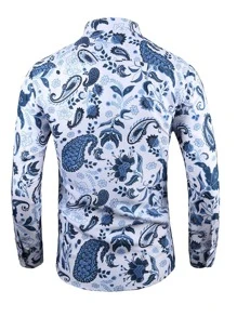 Men Paisley Print Button Up Shirt - Blue and White - View 2