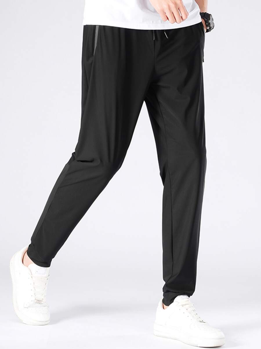 男士素色腰部抽繩衛褲 - 黑色 - 查看 1