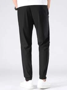 男士素色腰部抽繩衛褲 - 黑色 - 查看 2