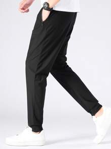 男士素色腰部抽繩衛褲 - 黑色 - 查看 4