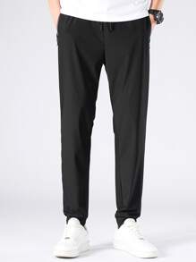 男士素色腰部抽繩衛褲 - 黑色 - 查看 5