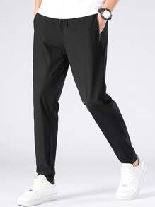 男士素色腰部抽繩衛褲 - 黑色 - 查看 8