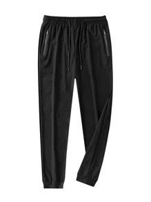 男士素色腰部抽繩衛褲 - 黑色 - 查看 10