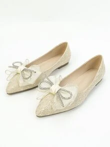 Glamorous Ballet Shoes Women Glitter Rhinestone & Bow Decor Flats - Gold - View 3