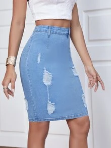 Ripped Bodycon Denim Skirt - Light Wash - View 5