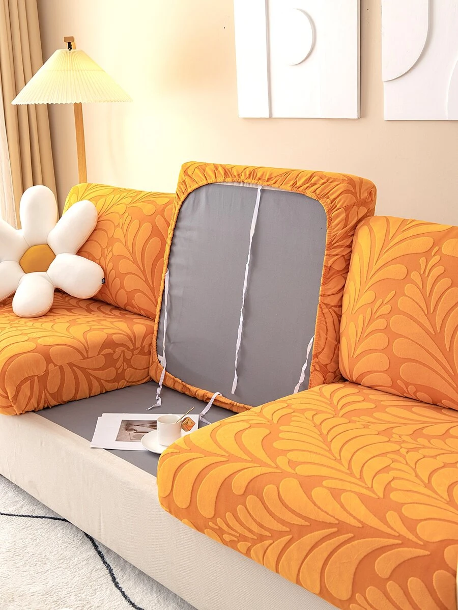 1pc Leaf Pattern Stretchy Sofa Seat Cover - Burnt Orange - View 1