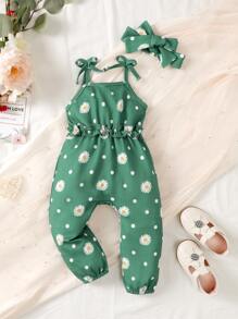 Baby Floral Print Bow Shoulder Cami Jumpsuit - Green - View 1