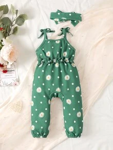Baby Floral Print Bow Shoulder Cami Jumpsuit - Green - View 2