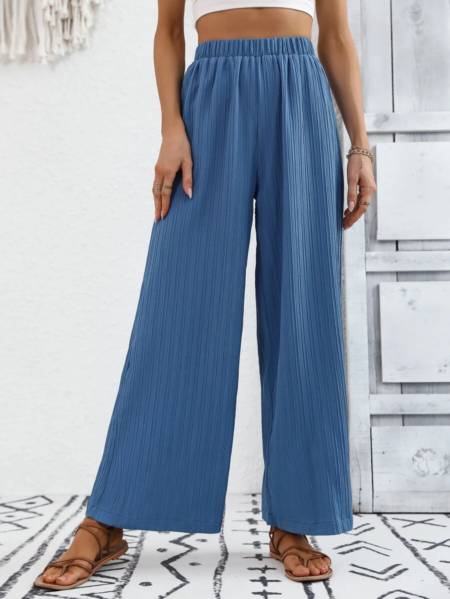 SHEIN VCAY Solid Plisse Wide Leg Pants - Blue - View 1