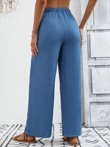 SHEIN VCAY Solid Plisse Wide Leg Pants - Blue - View 2