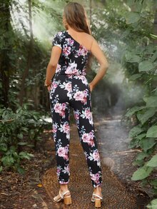 DEARCASE Mono con estampado floral de un hombro de cintura con nudo - Multicolor - Ver 2