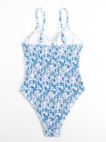 Summer Floral Print Smocked Bustier One Piece Swimsuit - Blue and White - View 2