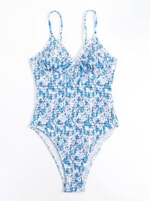 Summer Floral Print Smocked Bustier One Piece Swimsuit - Blue and White - View 4