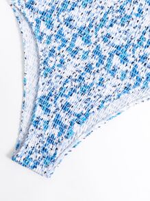 Summer Floral Print Smocked Bustier One Piece Swimsuit - Blue and White - View 5