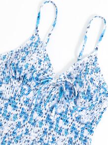 Summer Floral Print Smocked Bustier One Piece Swimsuit - Blue and White - View 6