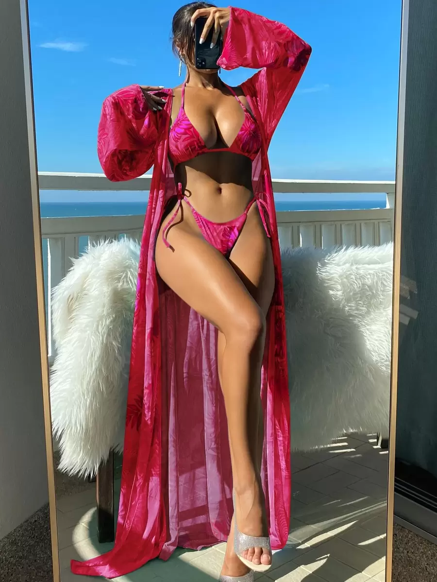 Swim SXY Summer Beach Tropical Print Triangle Bikini Set With Kimono - Hot Pink - View 1