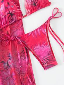 Swim SXY Summer Beach Tropical Print Triangle Bikini Set With Kimono - Hot Pink - View 3