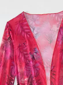 Swim SXY Summer Beach Tropical Print Triangle Bikini Set With Kimono - Hot Pink - View 5