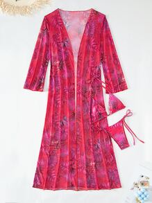 Swim SXY Summer Beach Tropical Print Triangle Bikini Set With Kimono - Hot Pink - View 6