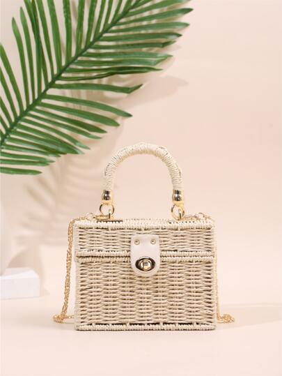 Mini Twist Lock Flap Straw Bag Portable,Single Small Wallet College,Middle School,High School,Back To School,Travel,Outdoors For Teen Girls,For School Student,For Teenagers Vintage,Soft,Fashionable,Minimalist Straw Bag, Wicker Bag