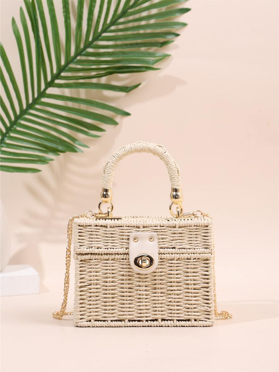 迷你扭锁翻盖草编包便携，单个小钱包，适合学院、中学、高中、返校、旅行、户外，适合少女、在校学生、青少年，复古、柔软、时尚、简约的草编包、柳条包 - 米色 - 查看 1