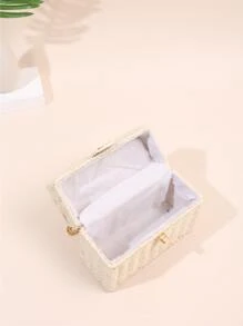 迷你扭锁翻盖草编包便携，单个小钱包，适合学院、中学、高中、返校、旅行、户外，适合少女、在校学生、青少年，复古、柔软、时尚、简约的草编包、柳条包 - 米色 - 查看 5