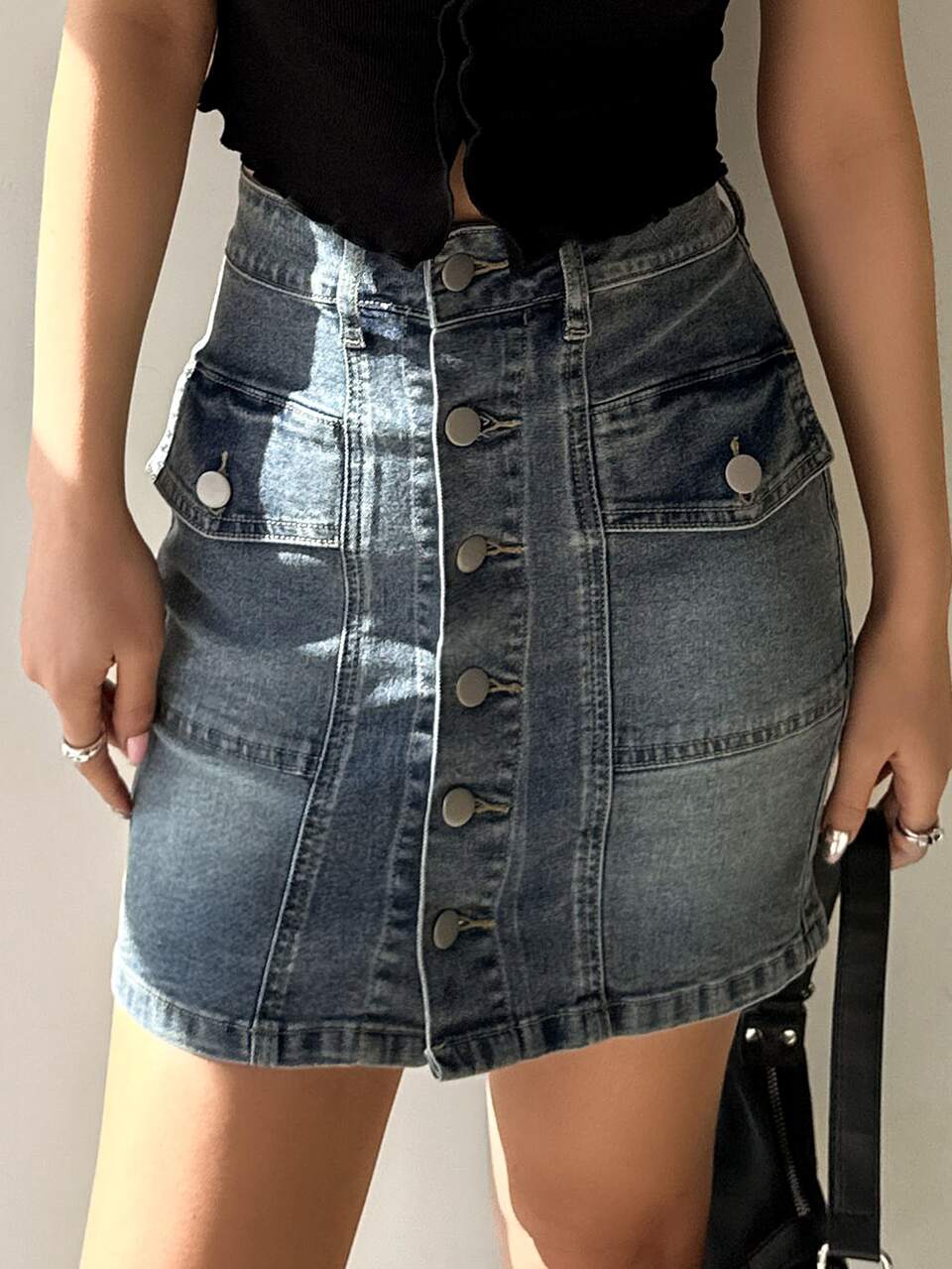 Button Front Flap Pocket Denim Skirt