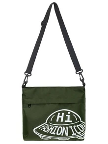 Men Alien Spaceship & Letter Graphic Square Bag - Green - View 1