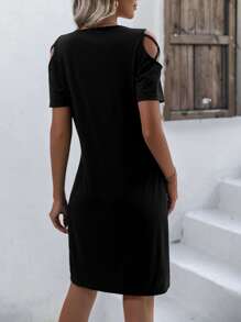 SHEIN LUNE Đầm ghép mộng kim sa Cắt ra màu trơn Giải trí - màu đen - Xem 2