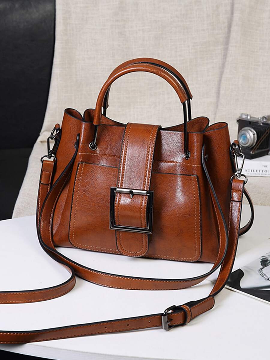 Buckle Decor Square Bag - Brown - View 1