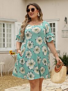Đầm Plus Size Xù phân lớp Hoa Tất cả trên in Boho - Nhiều màu - Xem 6