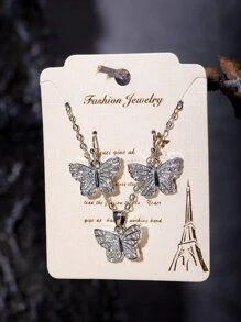 3 unids/set Set joya con diamante de imitación con diseño de mariposa - Plateado - Ver 1