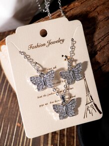 3 unids/set Set joya con diamante de imitación con diseño de mariposa - Plateado - Ver 2