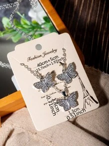 3 unids/set Set joya con diamante de imitación con diseño de mariposa - Plateado - Ver 3