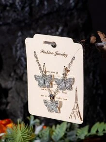 3 unids/set Set joya con diamante de imitación con diseño de mariposa - Plateado - Ver 4