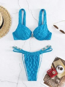 SHEIN Swim Solid Underwire Thong Summer Beach Bikini Set - Blue - View 1