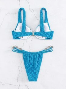 SHEIN Swim Solid Underwire Thong Summer Beach Bikini Set - Blue - View 5