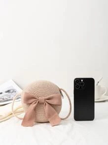 Mini Bow Decor Straw Bag,Perfect For Summer Beach Travel Vacation