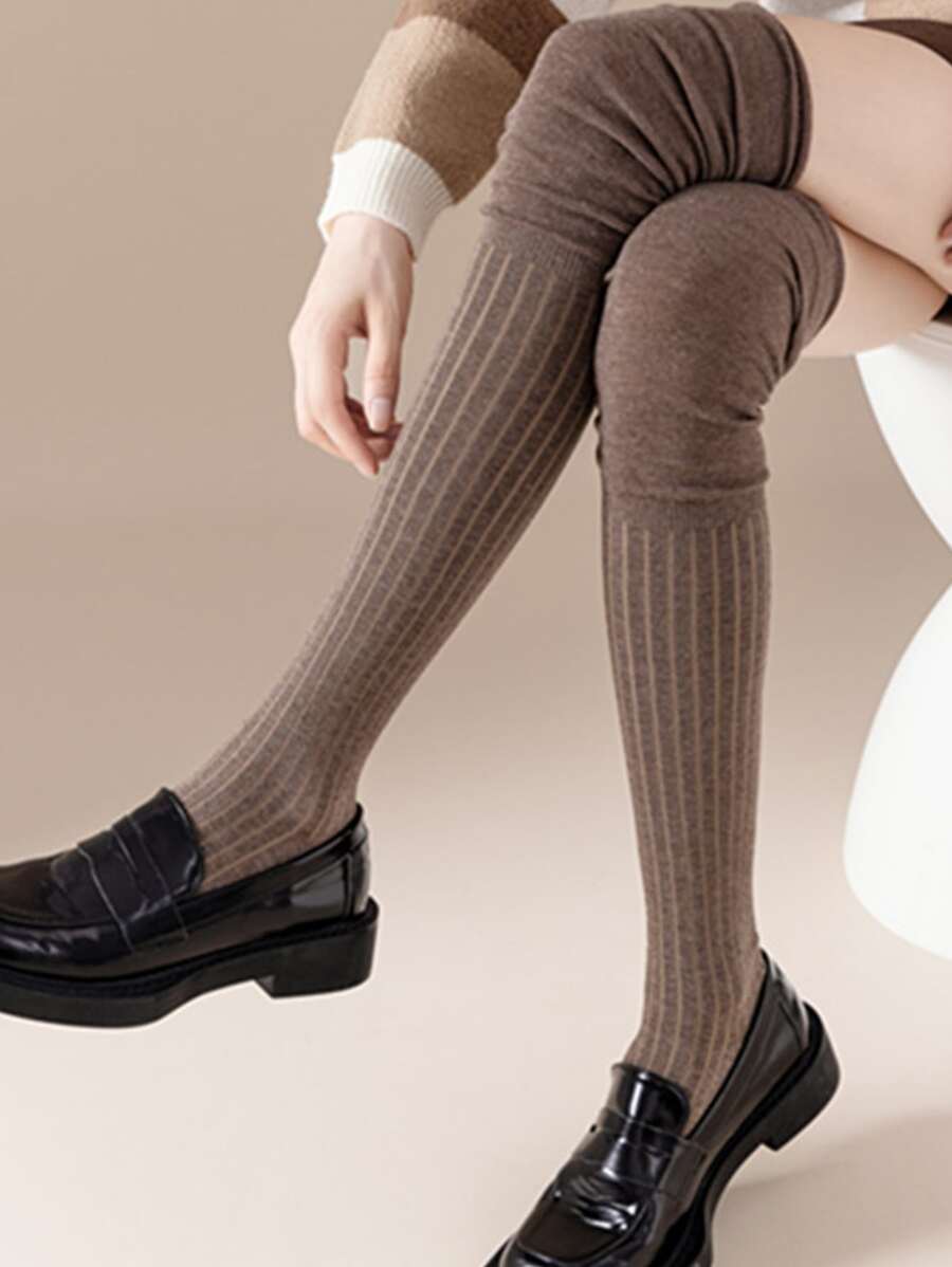 Calcetines sobre rodilla unicolor - Café integral - Ver 1