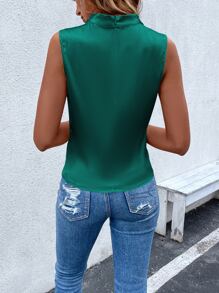 Chiquease Draped Collar Sleeveless Satin Blouse - Dark Green - View 2